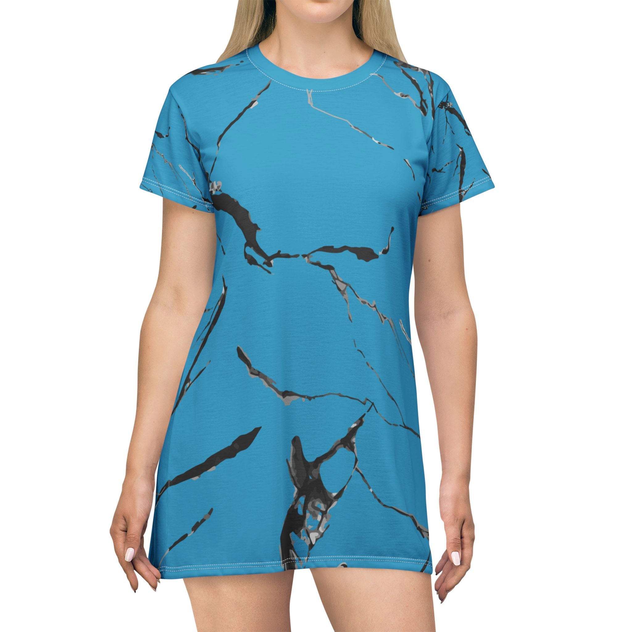 Stylish Blue Marble T-Shirt Dress, Casual Outfit, Summer Dress, Beachwear, Graphic Dress, Trendy Apparel